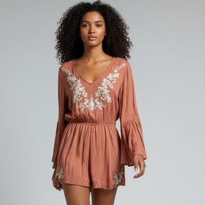 Altar’d State Salmon Marissa Romper Embroidered Jumper